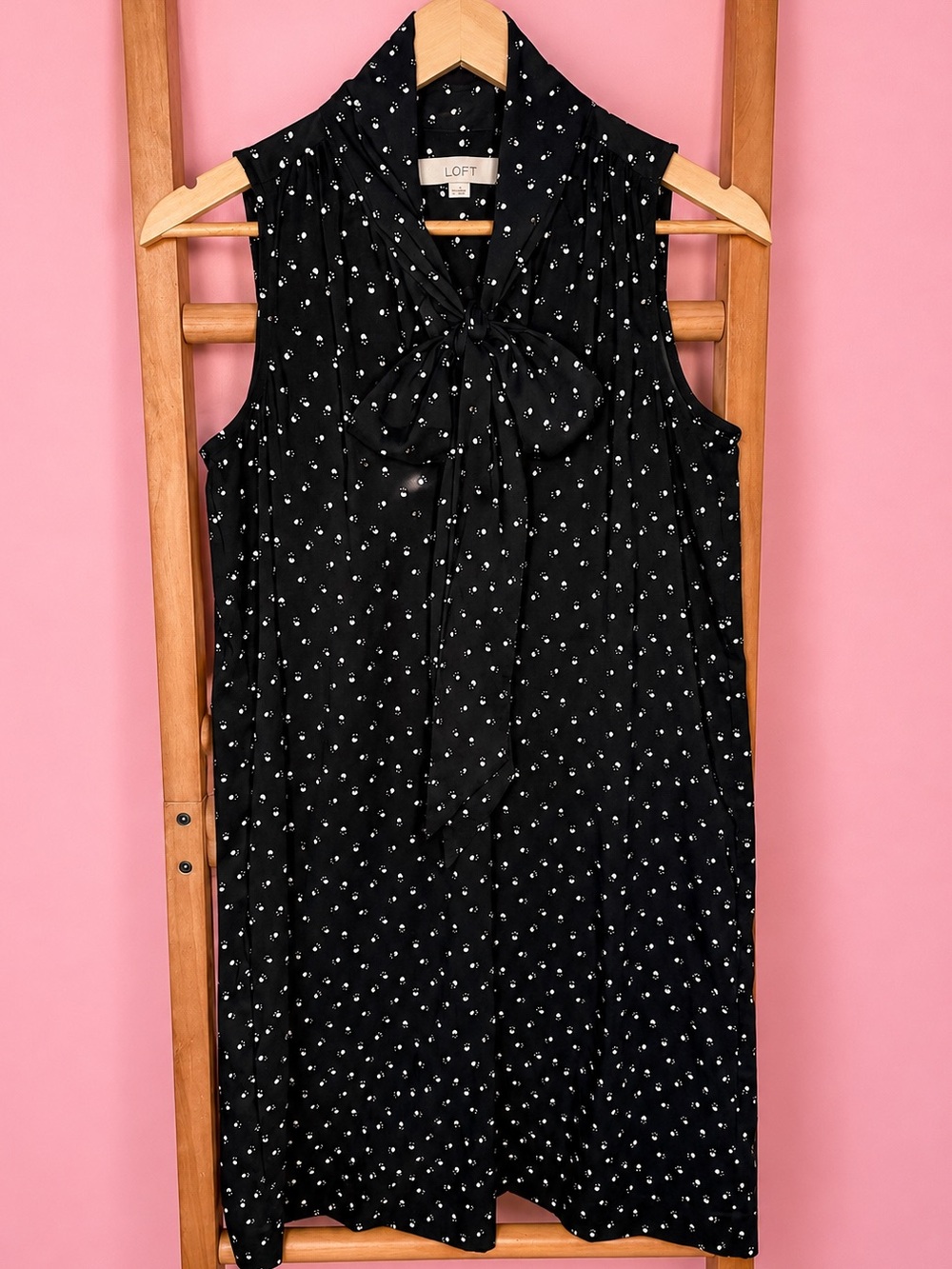 LOFT Paw Print Tie Neck Sleeveless Shift Dress Black White Size S